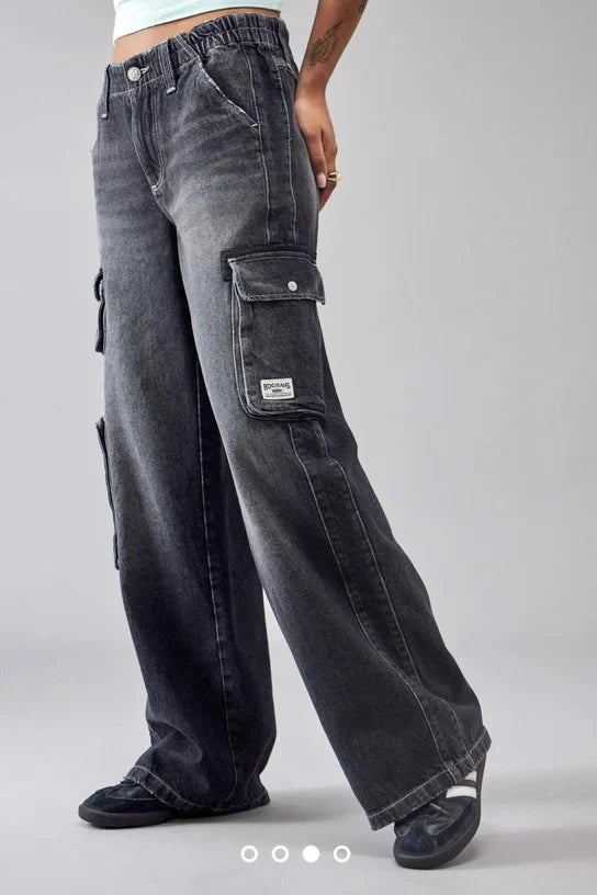 Smoked High Waist Wide Leg Cargo Pocket Jeans