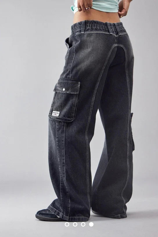 Smoked High Waist Wide Leg Cargo Pocket Jeans