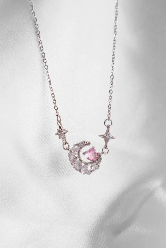 Pink Heart Star Moon Necklace with Silver Chain and Zircon Stone