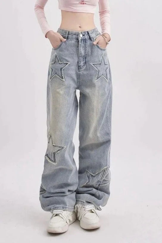 Snow Wash Y2K Stars Patch Detail Jeans