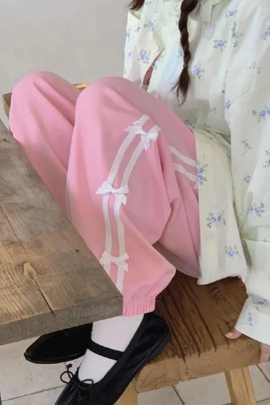 Pink Coquette Bows Side Stripe Parachute Sweatpants