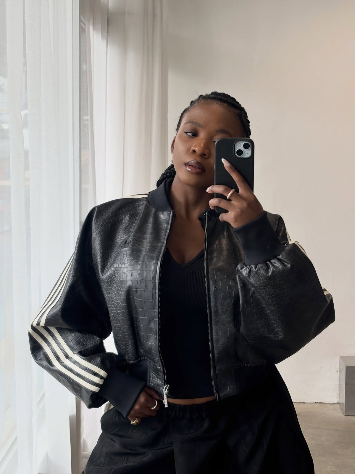 Croc Embossed Cropped Leather Jacket
