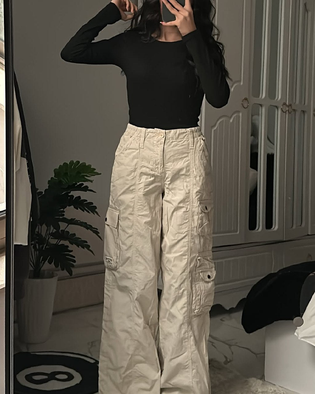Beige Parachute Y2K Cargo Pocket Jeans