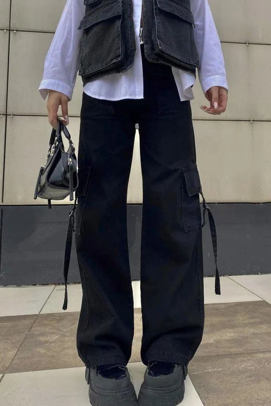 Black Bandolier Cargo Pocket Wide Jeans
