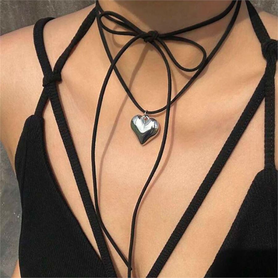 Vintage Big Heart Black String Silver Necklace