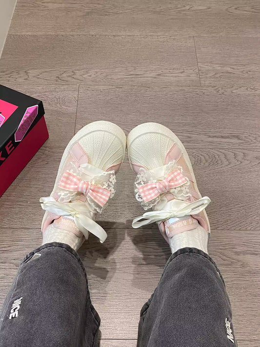 White powder Collection send pink bow + pink butterfly tie  Original Chunky Sole White Shoe