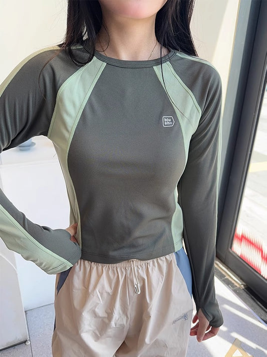 American retro BM style tops slim fit long sleeve yoga cycling fitness sports girls T-shirt