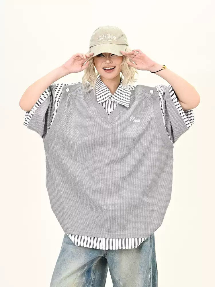 American fashion brand letter embroidery splicing short-sleeved summer loose