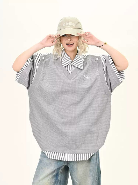 American fashion brand letter embroidery splicing short-sleeved summer loose