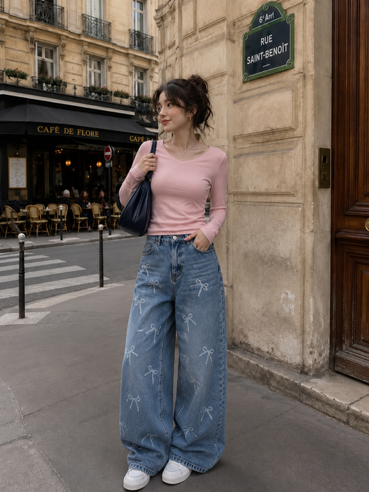 Blue Bow Print Jeans