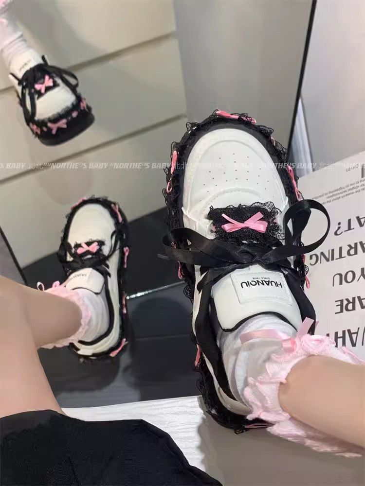 lace bow sneakers for women's autumn niche design thick-soled versatile shoes student white shoes