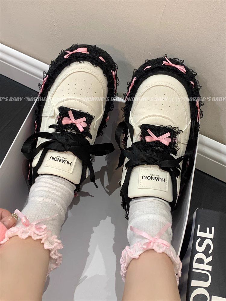 lace bow sneakers for women's autumn niche design thick-soled versatile shoes student white shoes