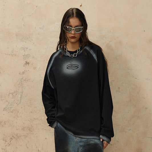 Retro Dark Long Sleeve T-shirt Hand-painted Printed Loose Round Neck