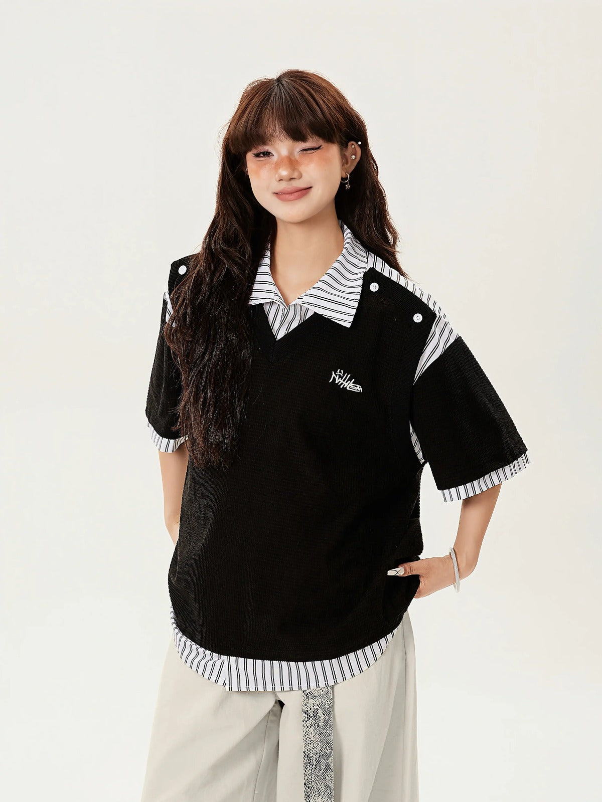 American fashion brand letter embroidery splicing short-sleeved summer loose