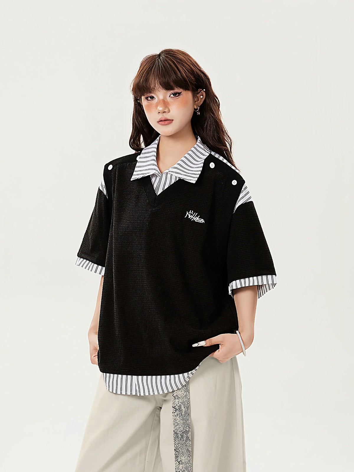 American fashion brand letter embroidery splicing short-sleeved summer loose