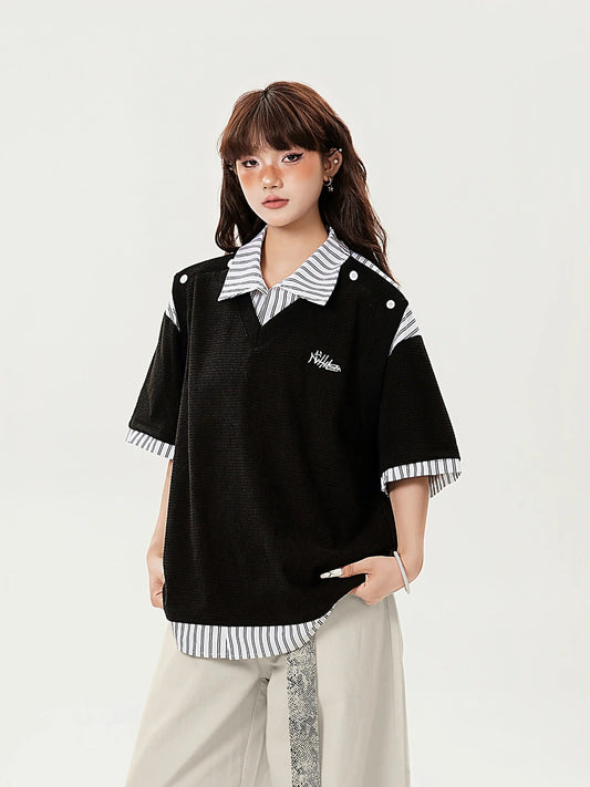 American fashion brand letter embroidery splicing short-sleeved summer loose