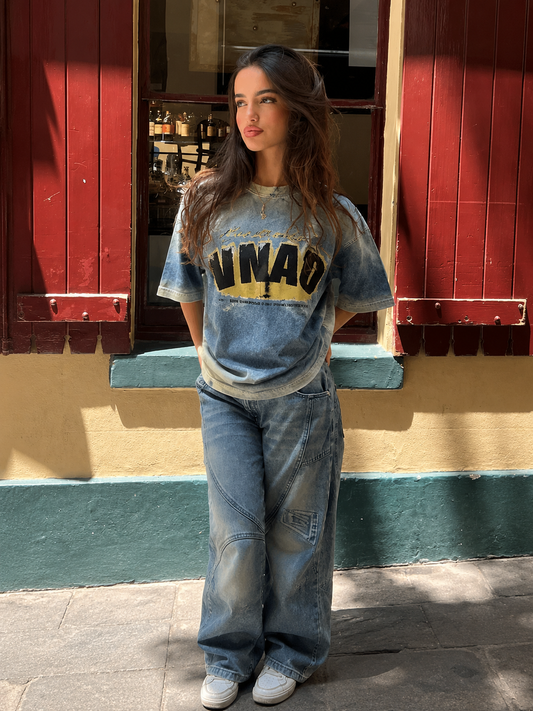 American retro washed denim short-sleeved T-shirt