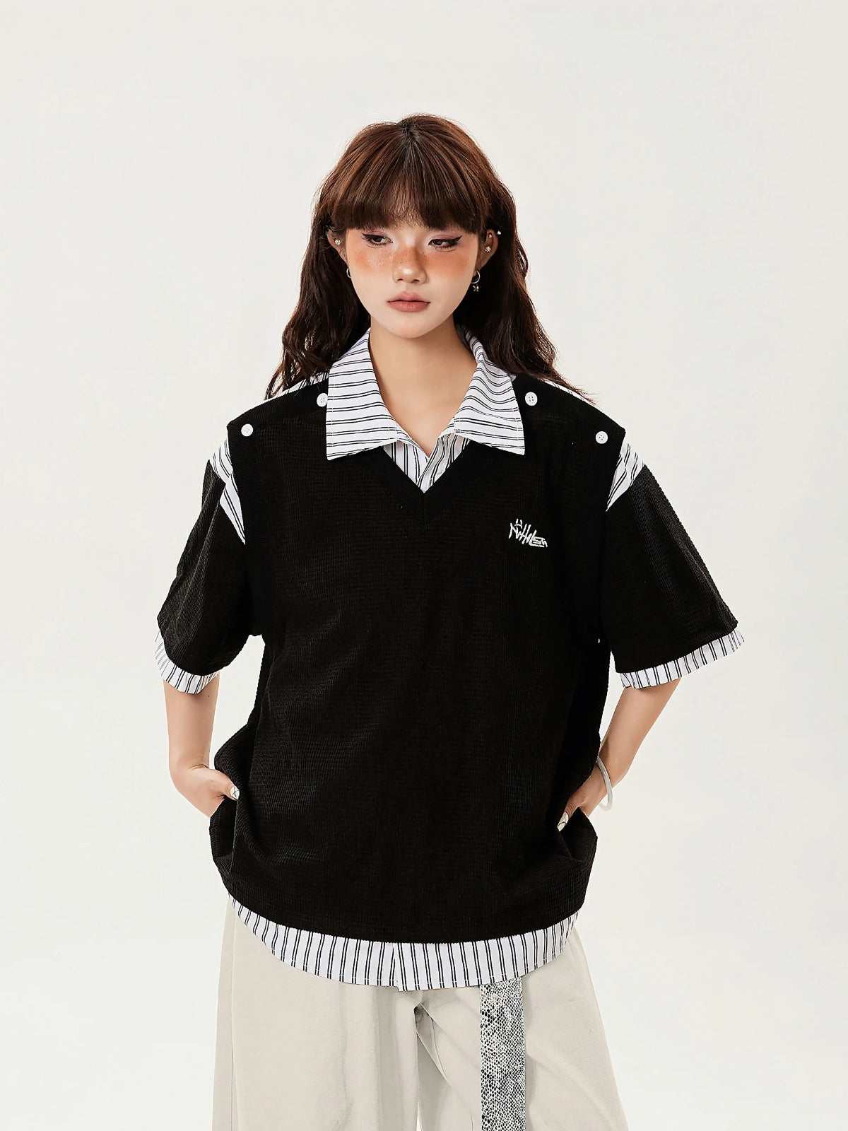 American fashion brand letter embroidery splicing short-sleeved summer loose