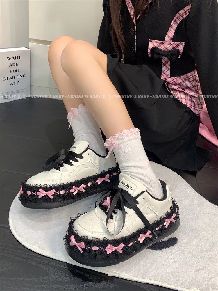 lace bow sneakers for women's autumn niche design thick-soled versatile shoes student white shoes