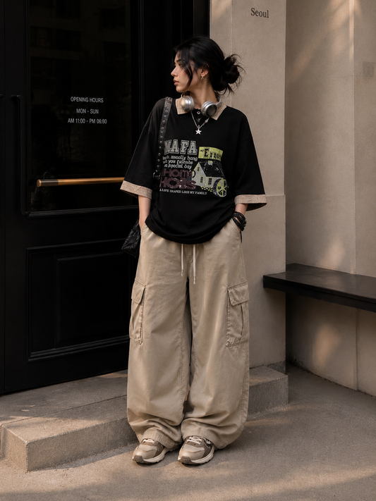 American grey style letter print splicing fake two-piece lapel short-sleeved T-shirt
