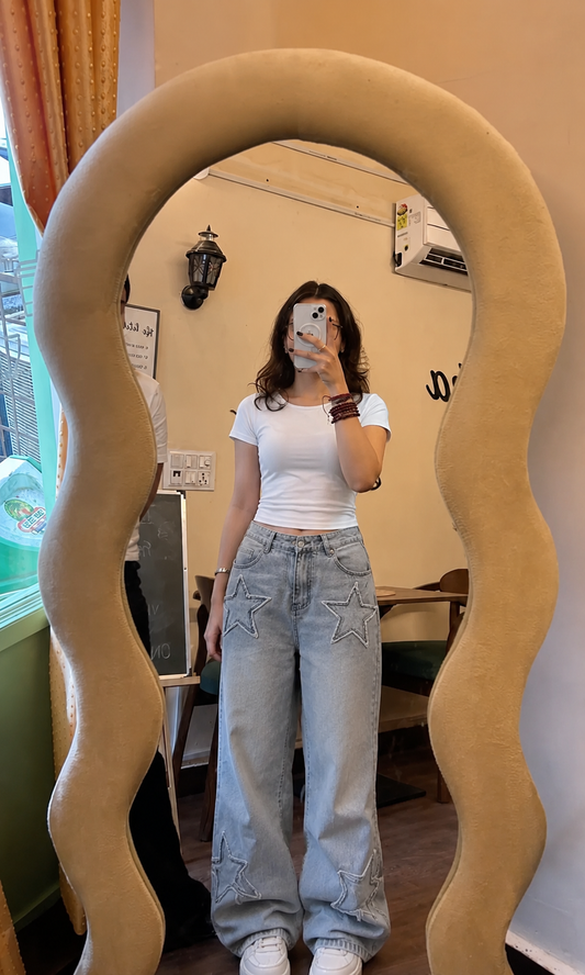 Snow Wash Y2K Stars Patch Detail Jeans
