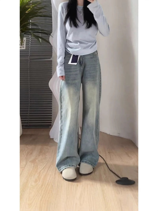 American retro classic style washed wide leg jeans
