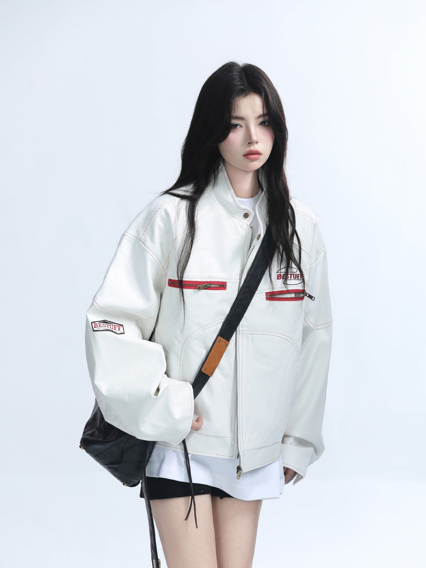 American-style high-street PU leather motorcycle jacket for women