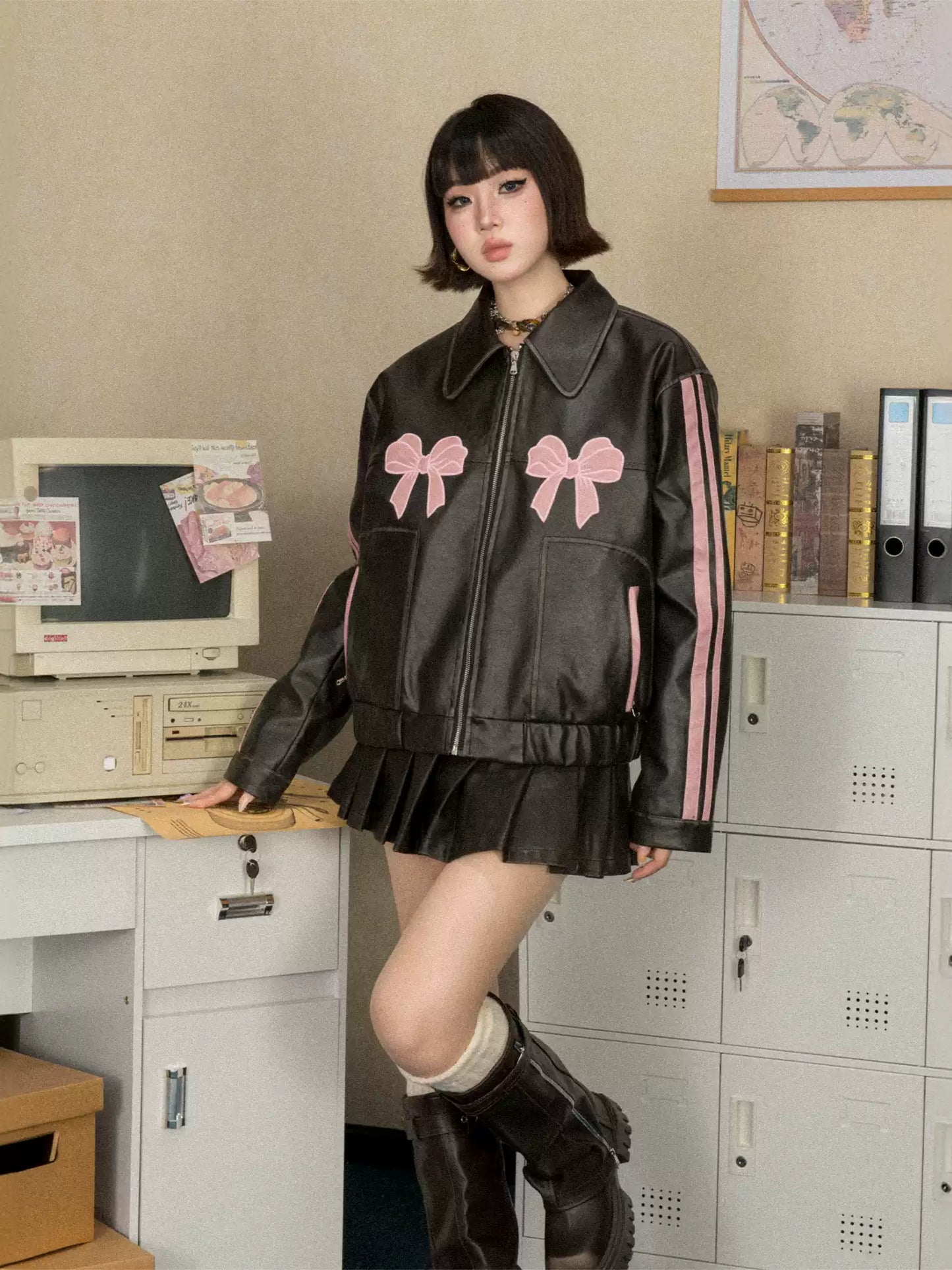 Embroidery Bow Faux Leather Jacket