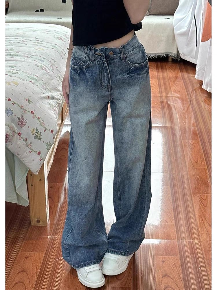 American retro classic style washed lightning mark wide leg jeans