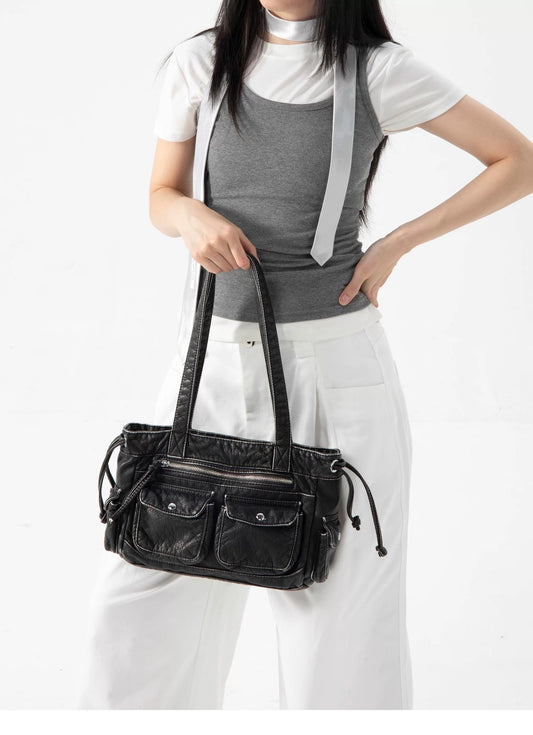 Washed gradient multi-pocket large shoulder bag