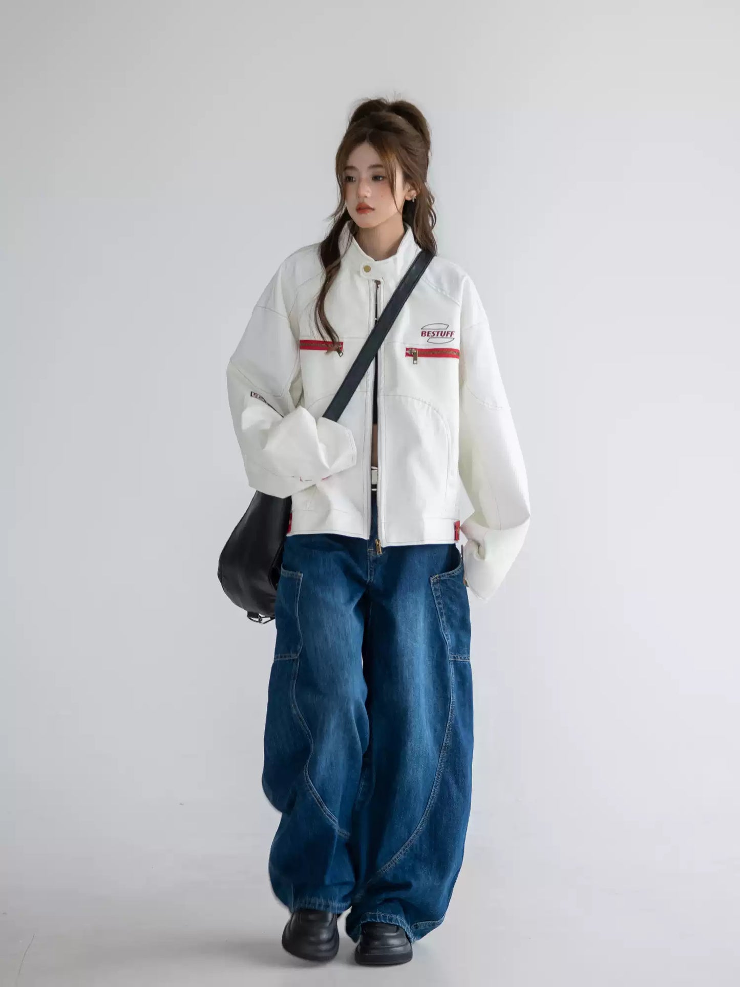 American-style high-street PU leather motorcycle jacket for women