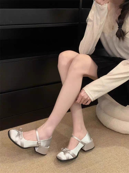 Silver retro French shallow mouth thick-heeled sandals for women shoes