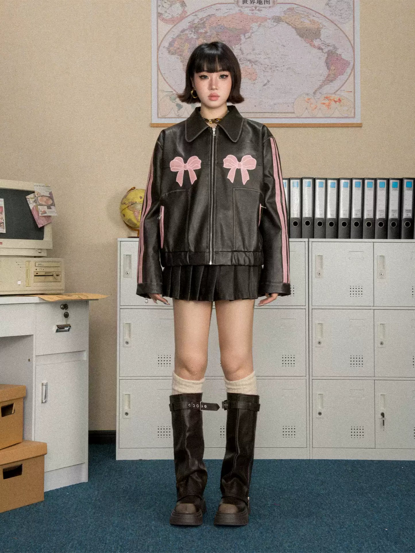 Embroidery Bow Faux Leather Jacket