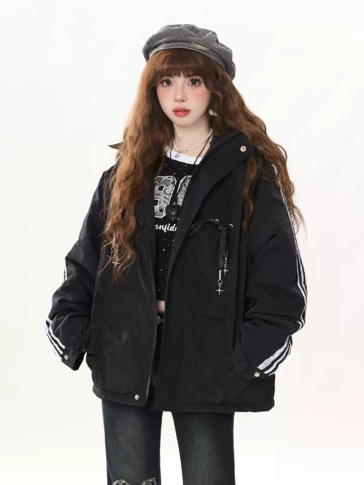 Jacket coat with a lace hood, three stripes, American style, with a bow on the chest.