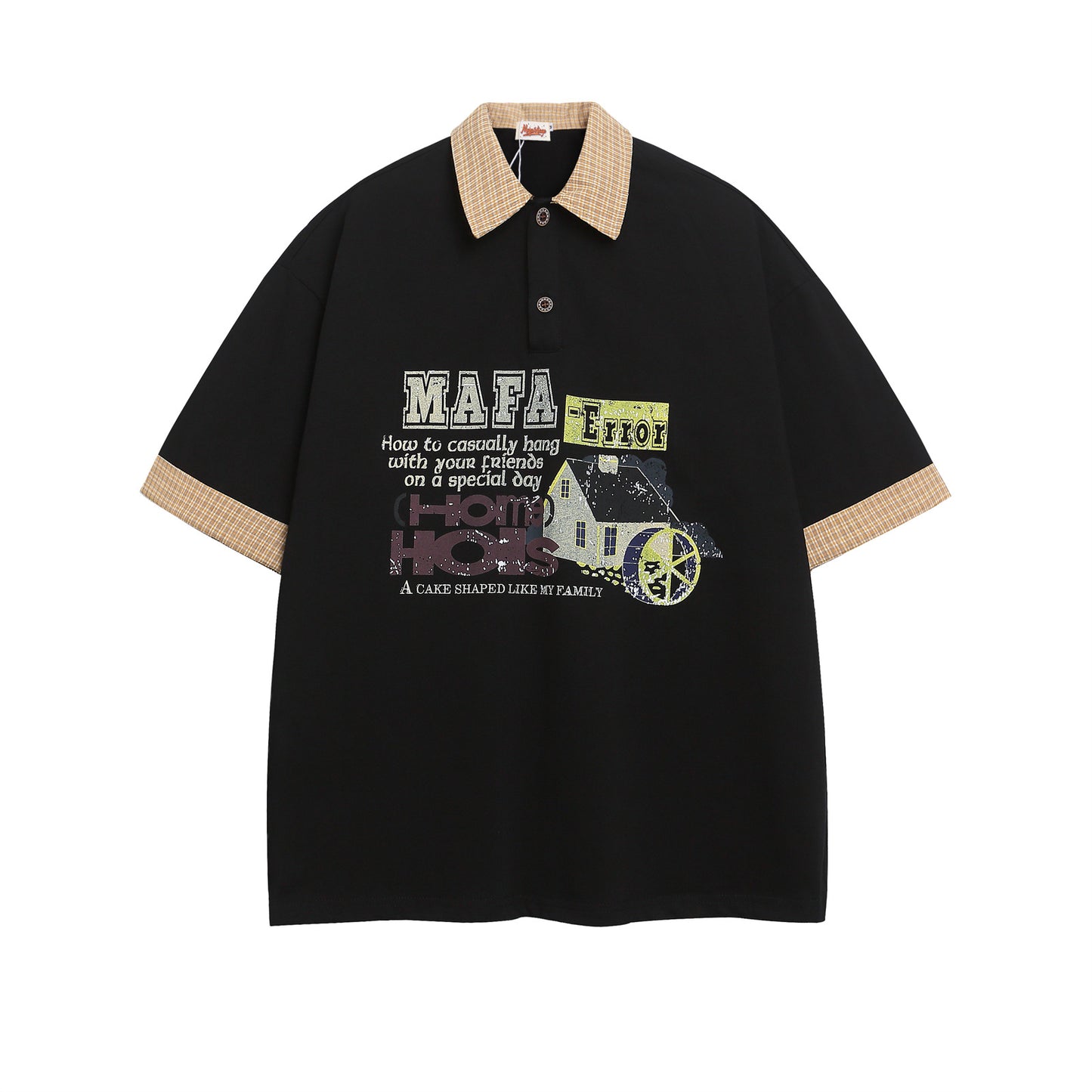 American grey style letter print splicing fake two-piece lapel short-sleeved T-shirt
