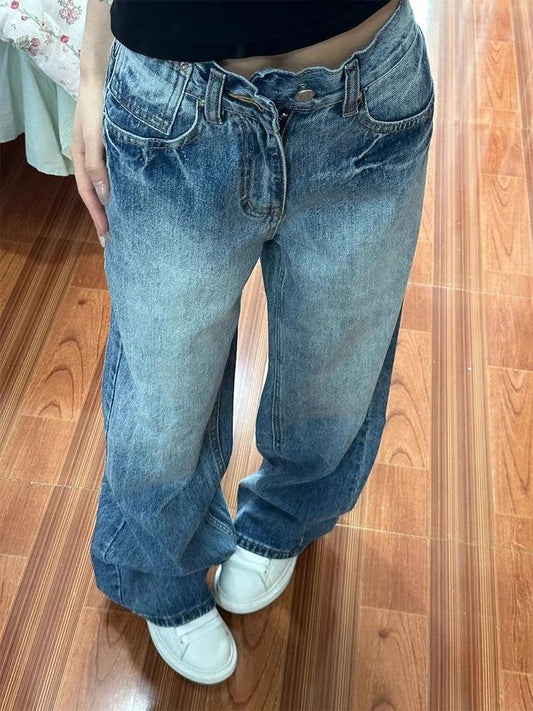 American retro classic style washed lightning mark wide leg jeans