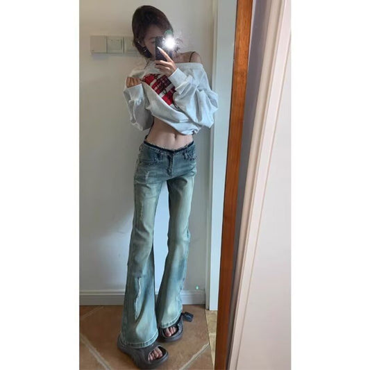 raw-edge flared jeans for women mopping the American light colored rivet horseshoe pants