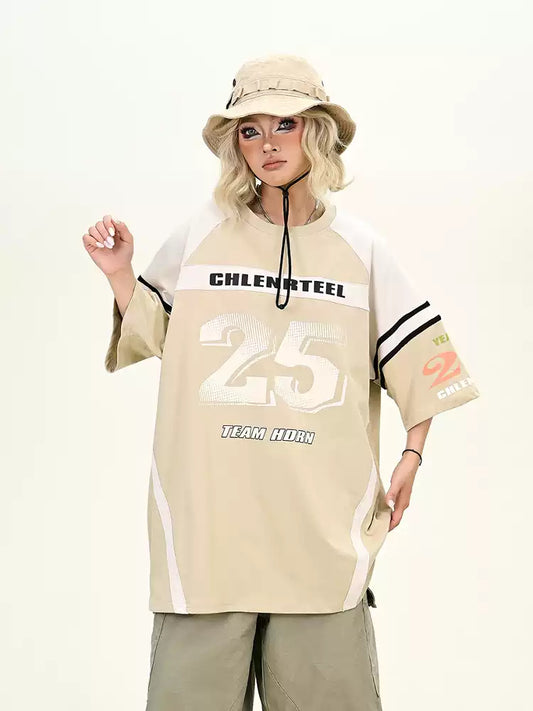 American beige letter print splicing short-sleeved T-shirt