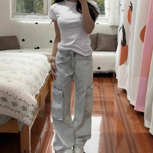 style light color overalls women new hot girl high waist loose slim straight jeans