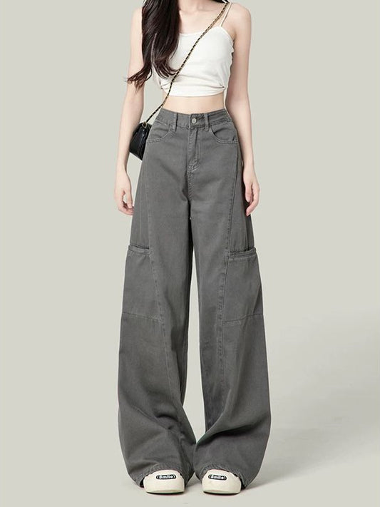 American lazy style pure gray jeans