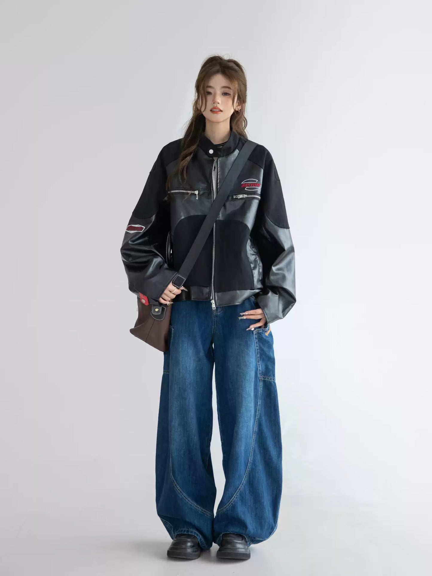 American-style high-street PU leather motorcycle jacket for women