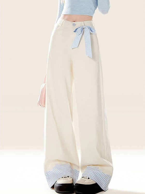 Light blue plaid bow tie stitching jeans for women sweet white jeans