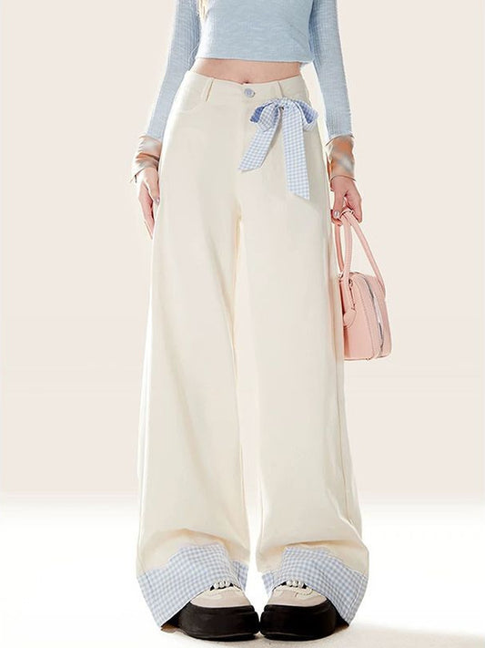 Light blue plaid bow tie stitching jeans for women sweet white jeans