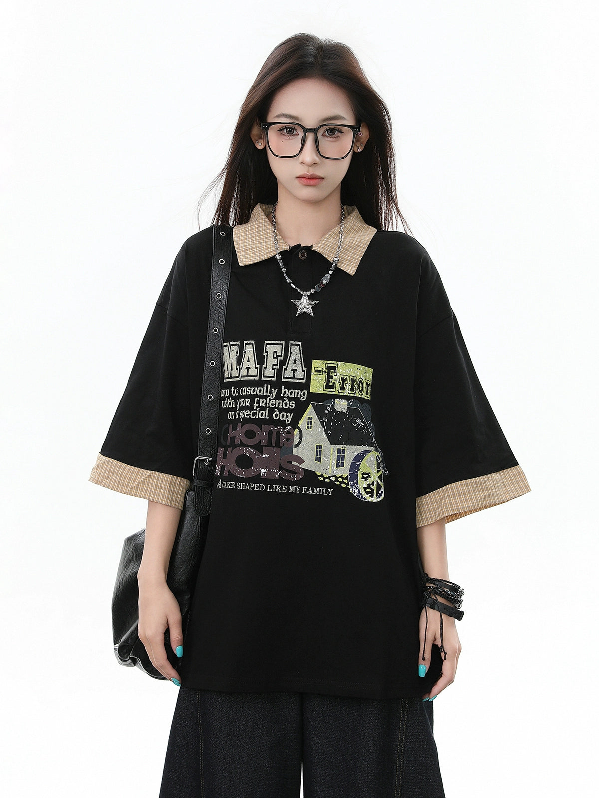 American grey style letter print splicing fake two-piece lapel short-sleeved T-shirt