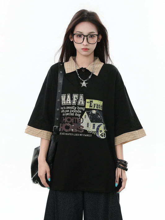 American grey style letter print splicing fake two-piece lapel short-sleeved T-shirt