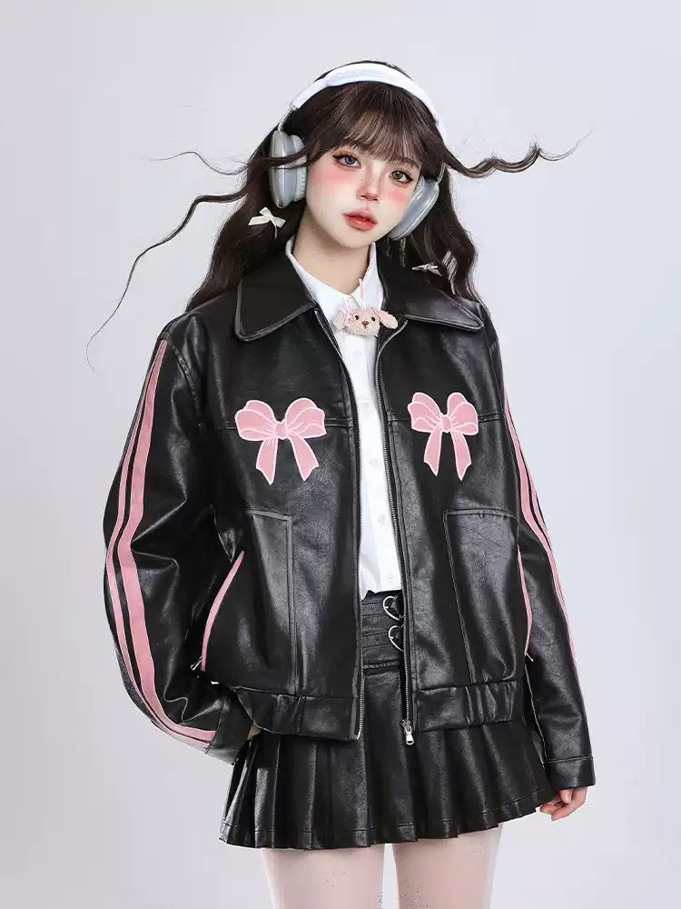 Embroidery Bow Faux Leather Jacket