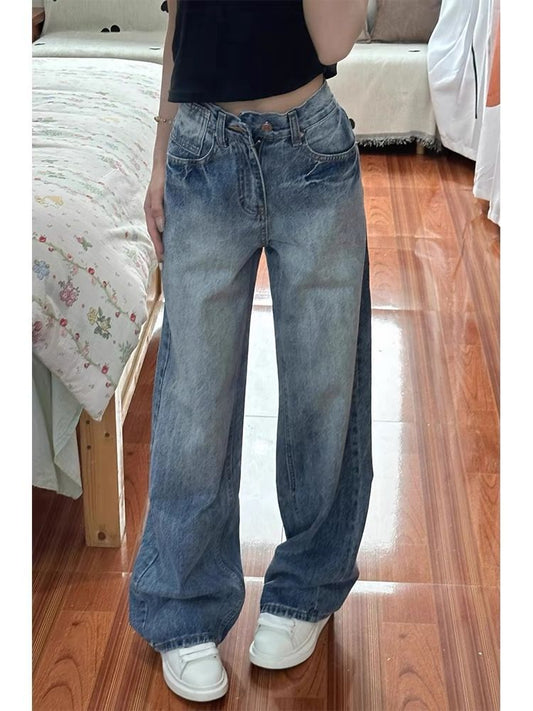 American retro classic style washed lightning mark wide leg jeans