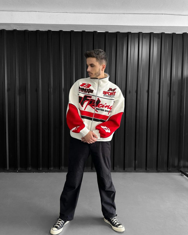Unisex Oversize Racing Stand Collar Racer Cardigan