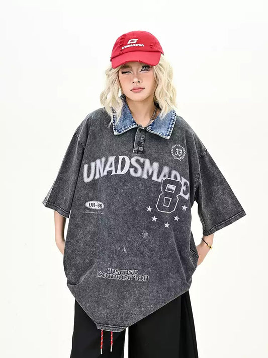 Fashion brand stitching letter lapel short-sleeved T-shirt summer loose casual tops