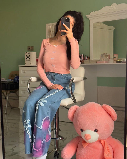 Blue Vintage Pink Butterfly Wash Jeans